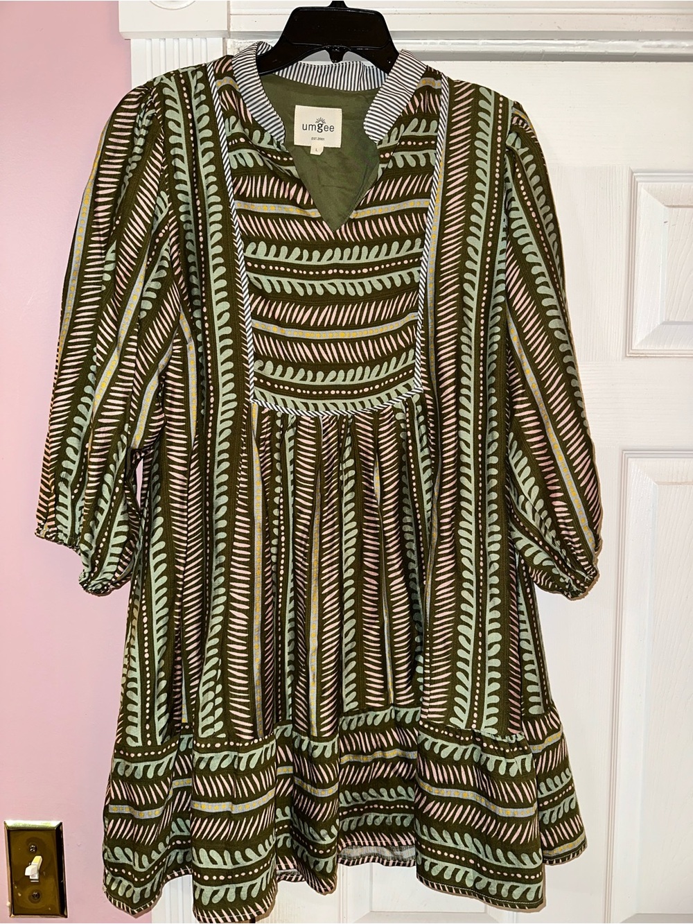 Umgee Olive, Mint & Cream Patterned Boho Dress